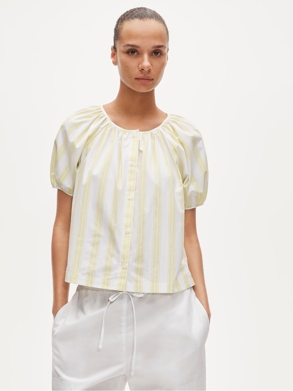 J Crew Puff-sleeve button-up top in cotton poplin stripe